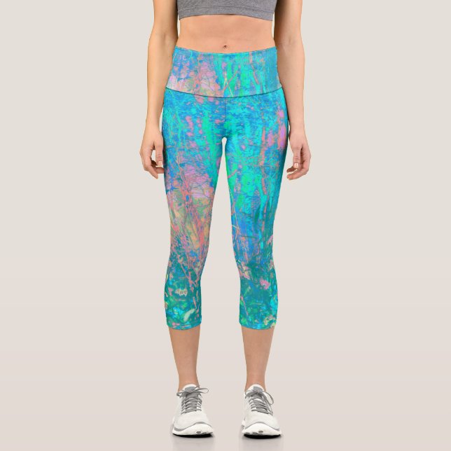 Trippy Aqua Sunrise mit psychedelischen Blume Capri Leggings (Vorderseite)