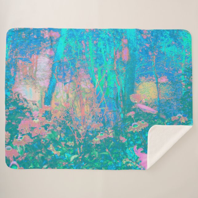 Trippy Aqua Sunrise mit psychedelischen Blume Sherpadecke (Vorderseite (Horizontal))