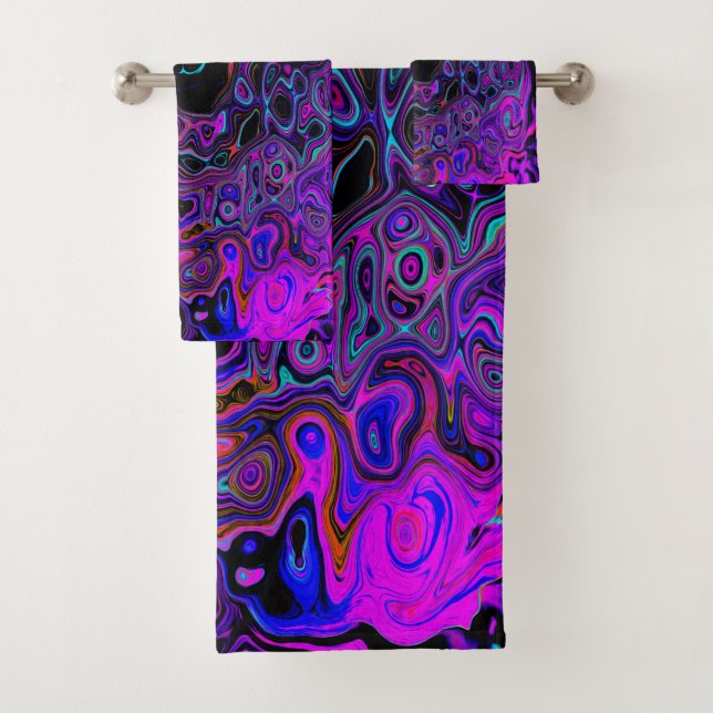 Trippy Black und Magenta Retro Liquid Swirl Badhandtuch Set (Insitu)
