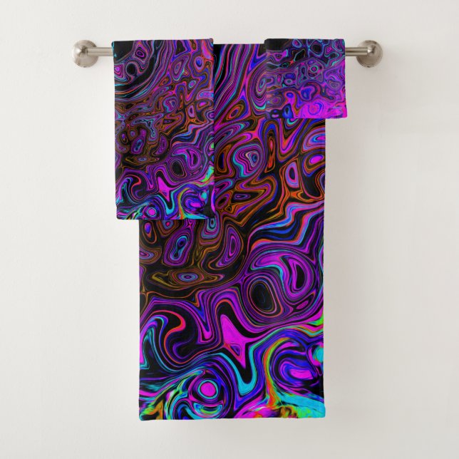 Trippy Black und Magenta Retro Liquid Swirl Badhandtuch Set (Insitu)