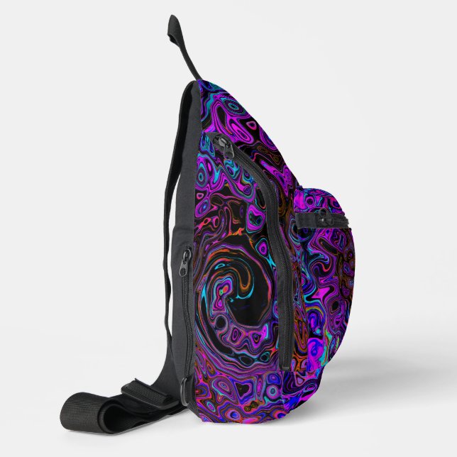 Trippy Black und Magenta Retro Liquid Swirl Crossbody Bag (Linke Seite)