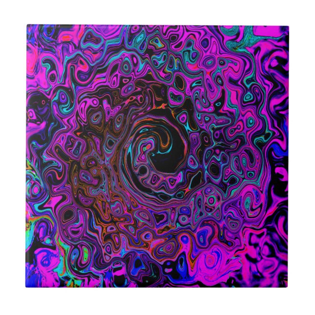 Trippy Black und Magenta Retro Liquid Swirl Fliese (Vorderseite)