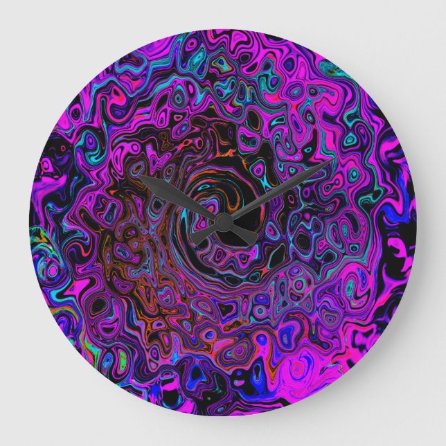 Trippy Black und Magenta Retro Liquid Swirl Große Wanduhr (Vorderseite)