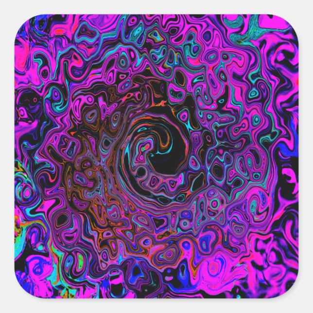 Trippy Black und Magenta Retro Liquid Swirl Quadratischer Aufkleber (Vorderseite)