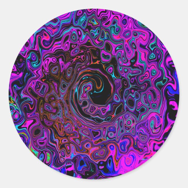 Trippy Black und Magenta Retro Liquid Swirl Runder Aufkleber (Vorderseite)