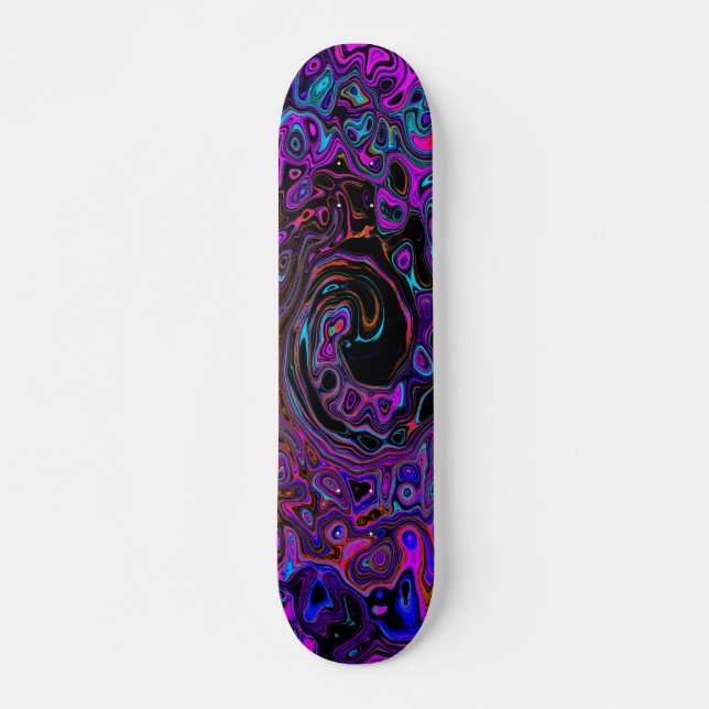 Trippy Black und Magenta Retro Liquid Swirl Skateboard (Vorne)