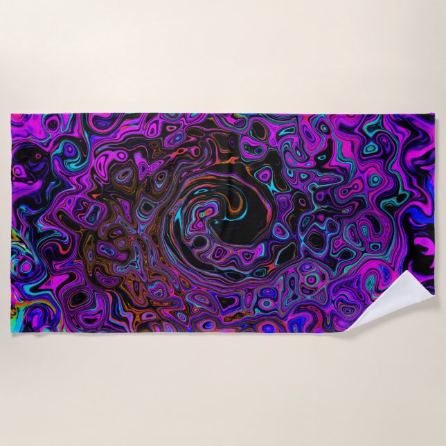 Trippy Black und Magenta Retro Liquid Swirl Strandtuch (Vorderseite)