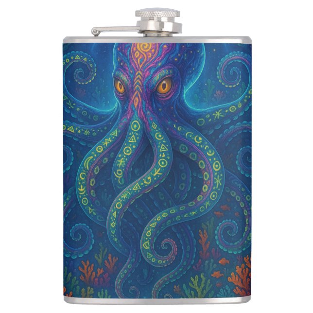 Trippy Blue Octopus Flachmann (Vorderseite)