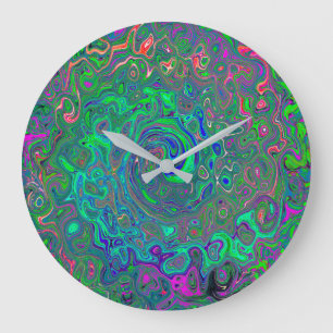 Trippy Chartreuse und Blau Retro Flüssigkeit Wirbe Große Wanduhr