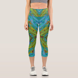 Trippy Chartreuse und Blue Abstrakt Butterfly Capri Leggings