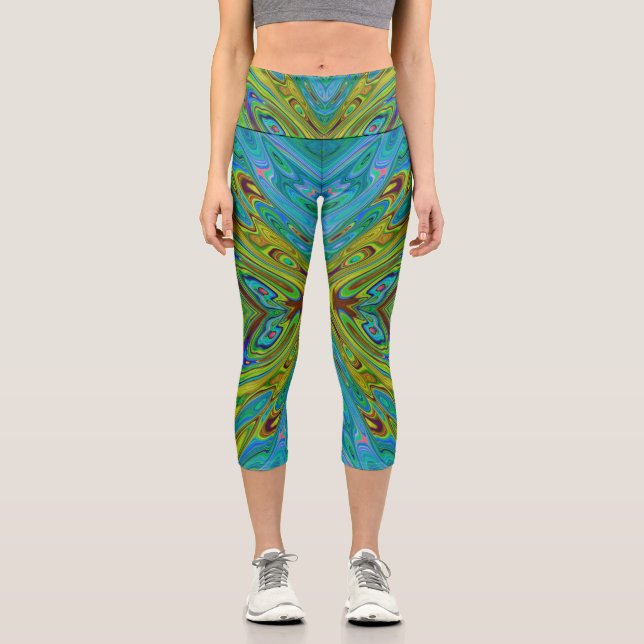 Trippy Chartreuse und Blue Abstrakt Butterfly Capri Leggings (Vorderseite)