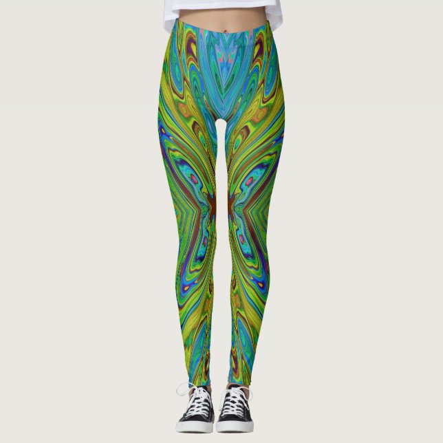 Trippy Chartreuse und Blue Abstrakt Butterfly Leggings (Vorderseite)