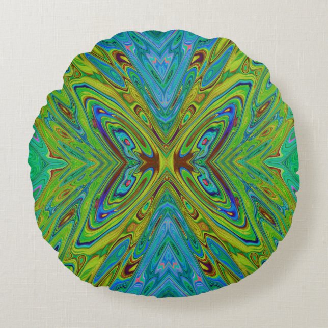 Trippy Chartreuse und Blue Abstrakt Butterfly Rundes Kissen (Vorderseite)
