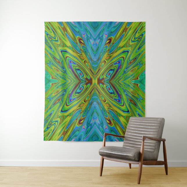 Trippy Chartreuse und Blue Abstrakt Butterfly Wandteppich (Beispiel)