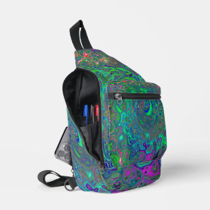 Trippy Chartreuse und Blue Retro Liquid Swirl Crossbody Bag