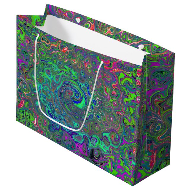 Trippy Chartreuse und Blue Retro Liquid Swirl Große Geschenktüte (Vorderseite Schrägansicht)