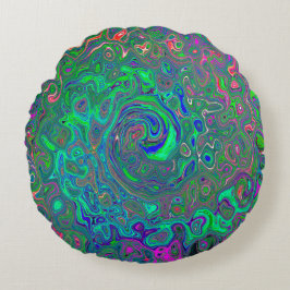 Trippy Chartreuse und Blue Retro Liquid Swirl Rundes Kissen