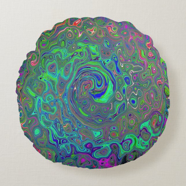 Trippy Chartreuse und Blue Retro Liquid Swirl Rundes Kissen (Vorderseite)