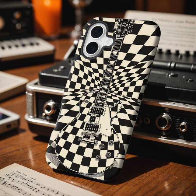 Trippy Checkered Electric Guitar Black and White iPhone Hülle (Trippy checkerboard guitar design on a surreal backdrop: bold, eye-catching, and made to stand out.)