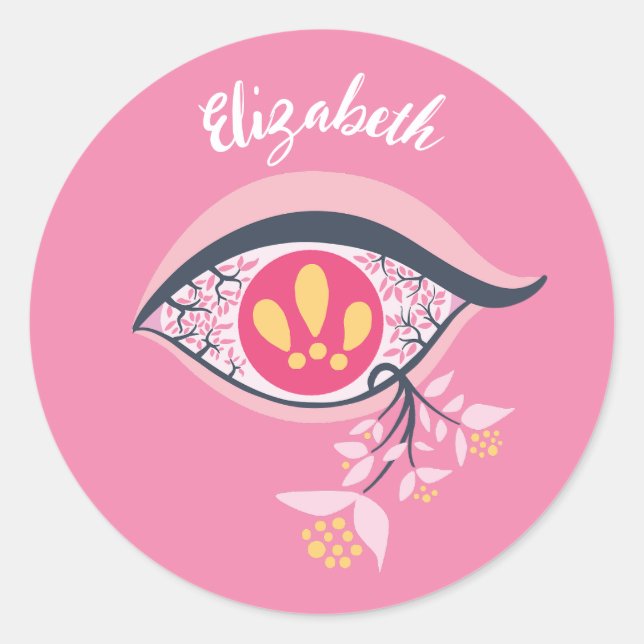 Trippy Eye Pink Floral Psychedelic Name Runder Aufkleber (Vorderseite)