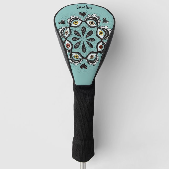 Trippy Eyes mit Hearts Boho Gothic Weirdcore Art Golf Headcover (Vorderseite)