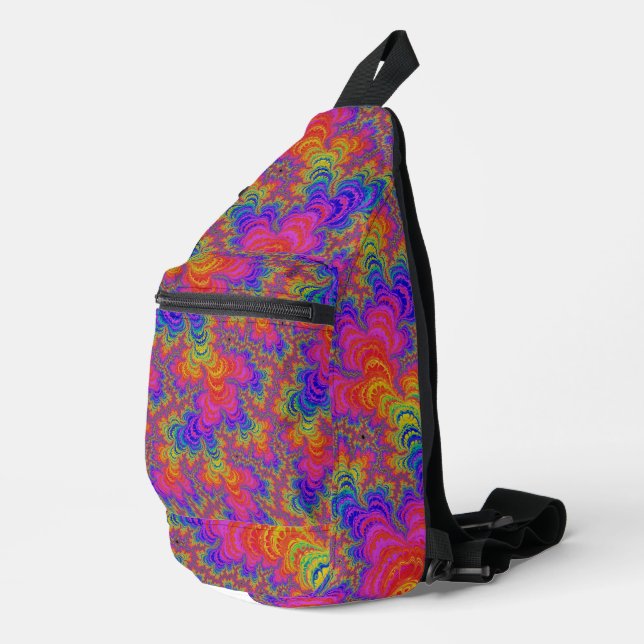Trippy Funky Bold Abstraktes Rainbow-Fraktal Crossbody Bag (Rechte Ecke)