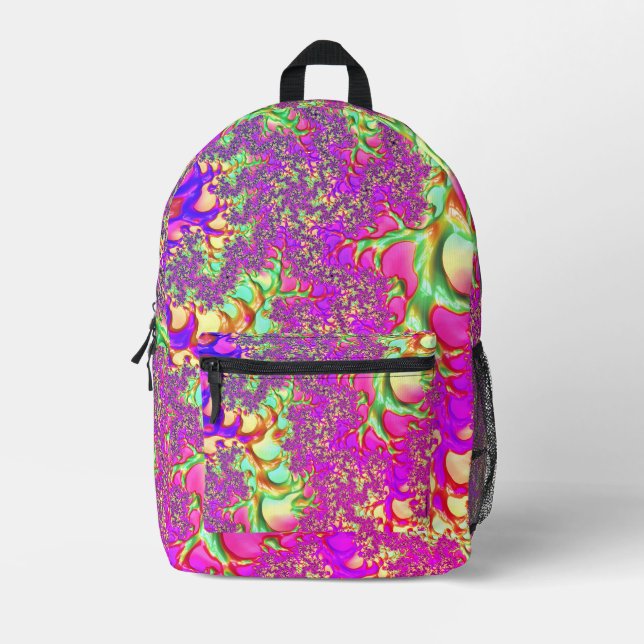 Trippy Funky Vibrany Neon Groovy Acid Trip Fraktal Bedruckter Rucksack (Vorderseite)