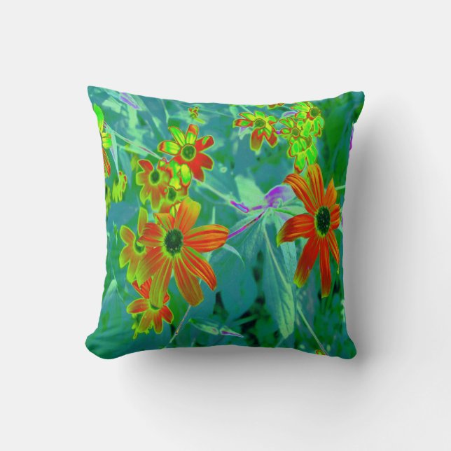 Trippy-Gelb- und Rot-Wildblumen auf Retro-Blau Kissen (Vorderseite)