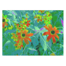 Trippy-Gelb- und Rot-Wildblumen auf Retro-Blau