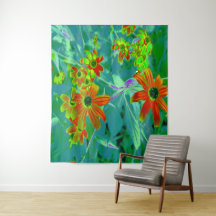 Trippy-Gelb- und Rot-Wildblumen auf Retro-Blau