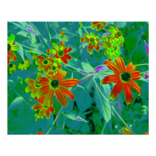 Trippy Gelbe und rote Wildblumen auf Retroblau Poster