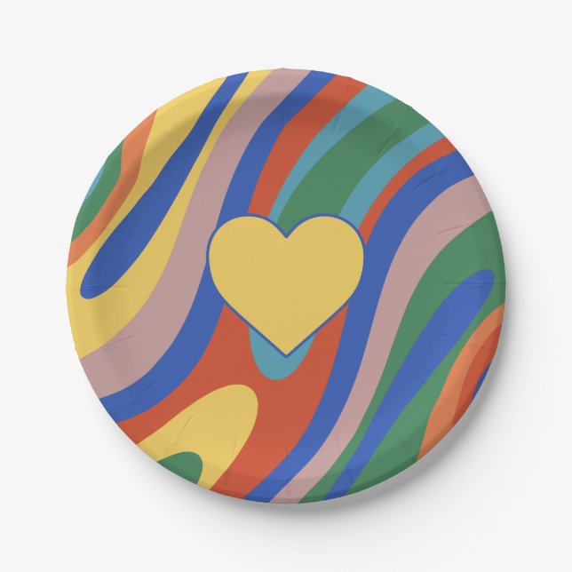 Trippy Heart Colorful Retro Pop Abstraktes Muster Pappteller (Vorderseite)