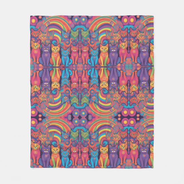Trippy Hippy Cats Vivid Color Psychedelic Fleecedecke (Vorderseite)