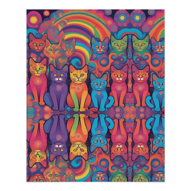 Trippy Hippy Cats Vivid Color Psychedelic Poster (Vorderseite)