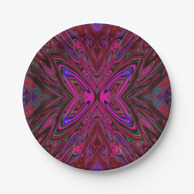 Trippy Hot Pink, Red and Blue Abstrakt Butterfly Pappteller (Vorderseite)