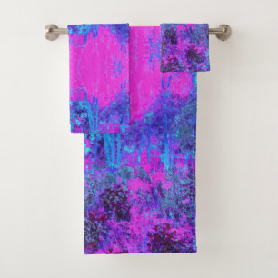 Trippy Hot Pink und Blaue Impressionistische Lands Badhandtuch Set