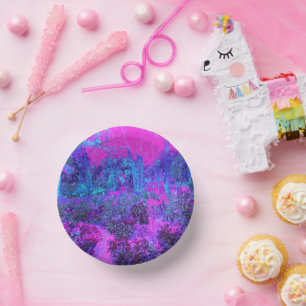 Trippy Hot Pink und Blue Impressionistic Landschaf Pappteller