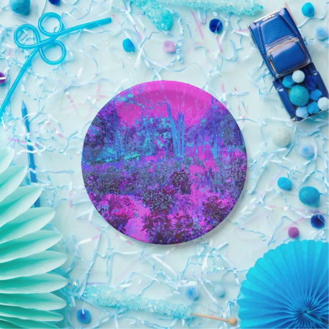 Trippy Hot Pink und Blue Impressionistic Landschaf Pappteller (Party)