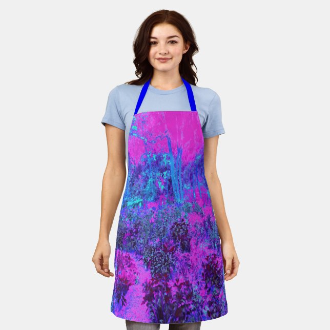 Trippy Hot Pink und Blue Impressionistic Landschaf Schürze (Getragen)