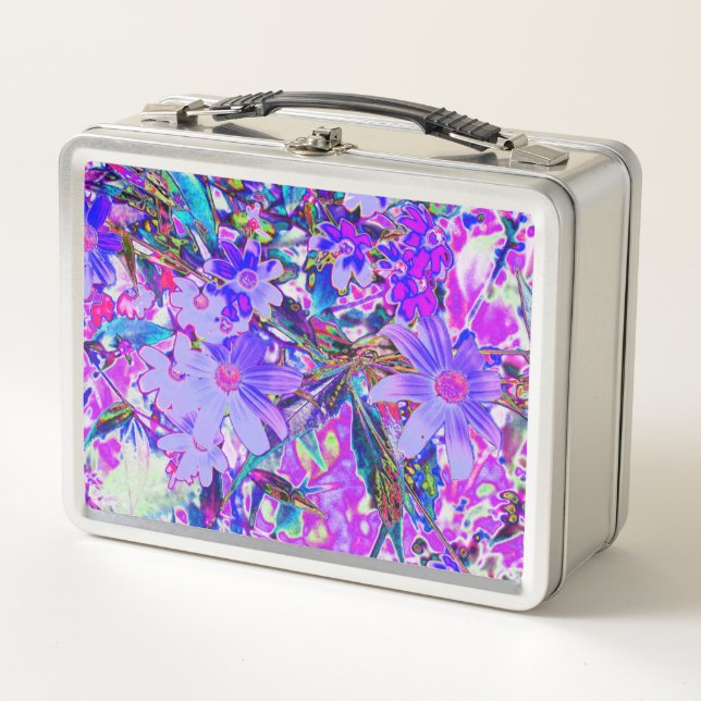 Trippy-Lila und Magenta-farbene Wildblumen Metall Brotdose (Vorderseite)