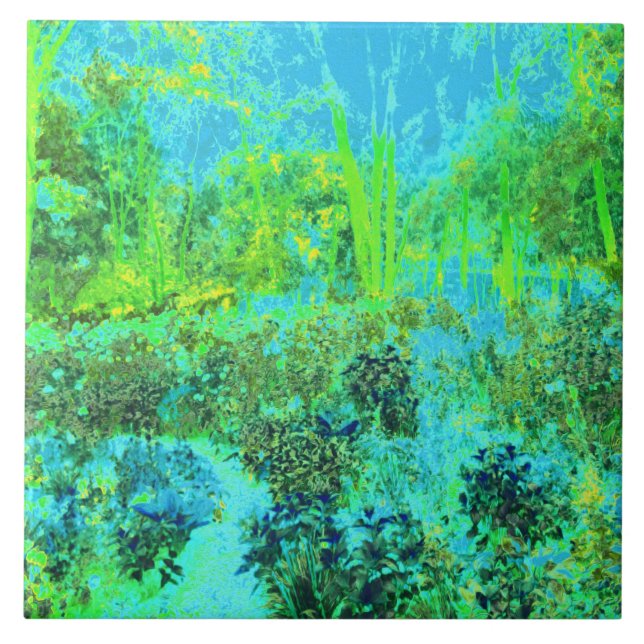 Trippy Lime Green and Blue Garden Landschaft Fliese (Vorderseite)