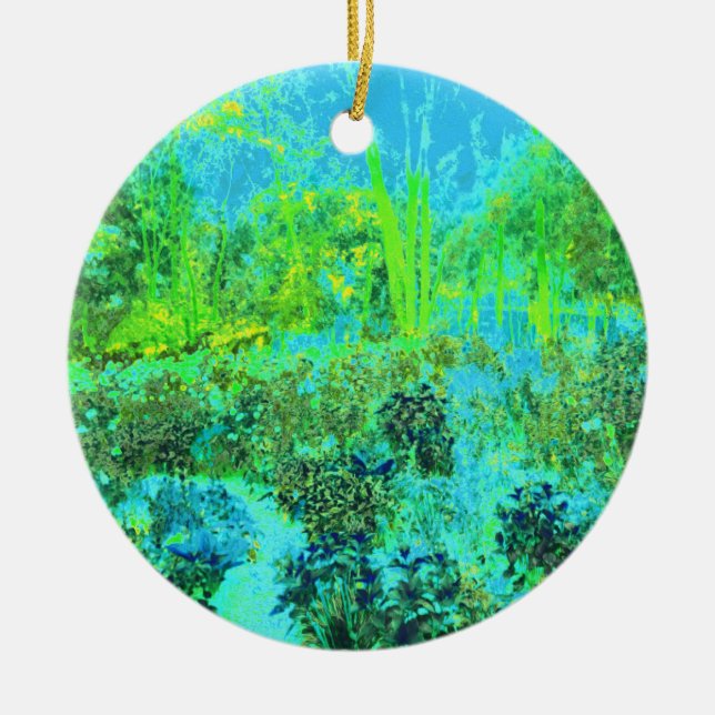 Trippy Lime Green and Blue Garden Landschaft Keramik Ornament (Vorne)