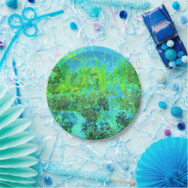 Trippy Lime Green and Blue Garden Landschaft Pappteller