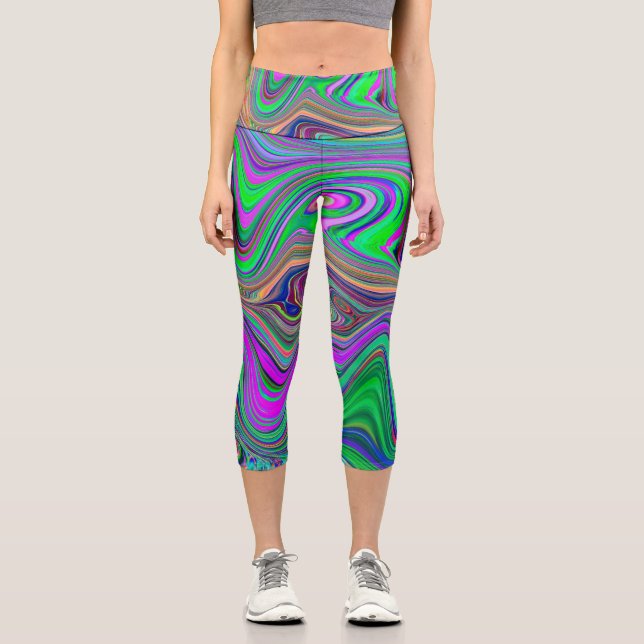 Trippy Lime Green und Lila Farbwellen Capri Leggings (Vorderseite)