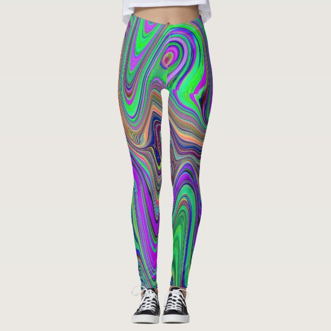 Trippy Lime Green und Lila Farbwellen Leggings (Vorderseite)