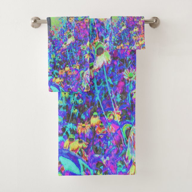 Trippy Lime Green und Lila Garden Sunrise Badhandtuch Set (Insitu)