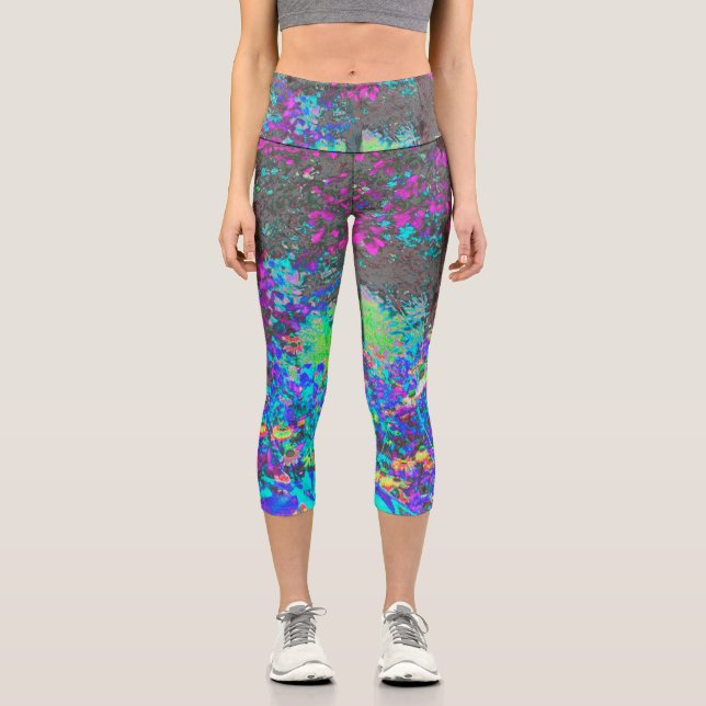 Trippy Lime Green und Lila Garden Sunrise Capri Leggings (Vorderseite)