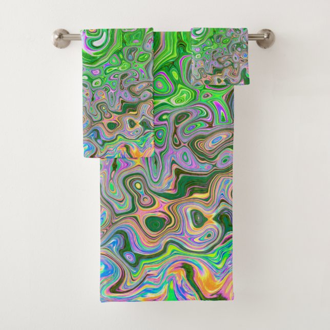 Trippy Lime Green und Pink Abstrakt Retro Swirl Badhandtuch Set (Insitu)