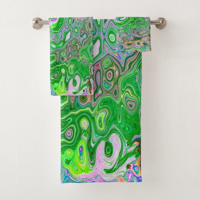 Trippy Lime Green und Pink Abstrakt Retro Swirl Badhandtuch Set (Insitu)