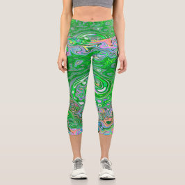 Trippy Lime Green und Pink Abstrakt Retro Swirl Capri Leggings